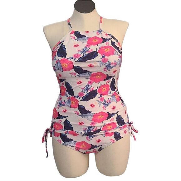 NWT: Tankini Midrise Bikini Swimsuit Set Full Coverage in Pink/Blue Floral - Picture 1 of 16